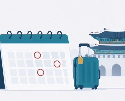 連休の日付に印をつけたカレンダーと旅行かばん、伝統的な門