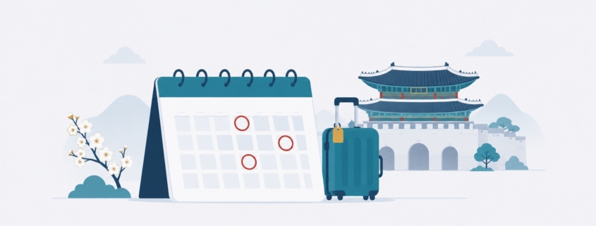 連休の日付に印をつけたカレンダーと旅行かばん、伝統的な門