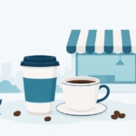 テイクアウトカップとカップに注がれたコーヒー、韓国の街角のカフェ