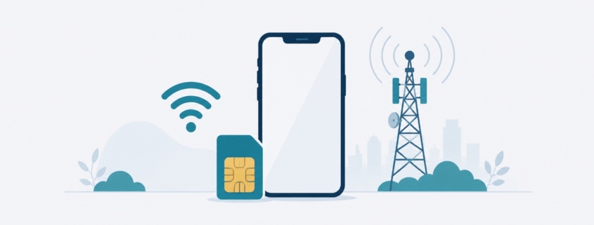 スマートフォンとSIMカード、Wi-Fiの電波と通信アンテナ