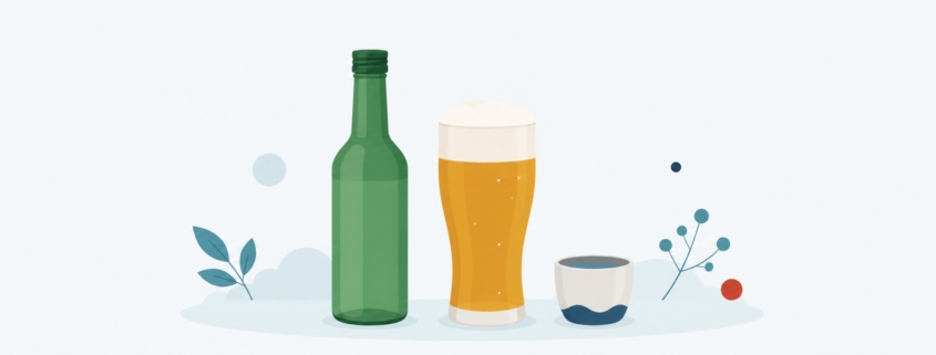 緑色の焼酎瓶とビールグラス、並んで置かれた韓国の酒とその器