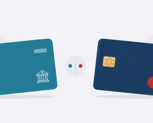 チェックカードとクレジットカード、それぞれの用途を表すアイコン