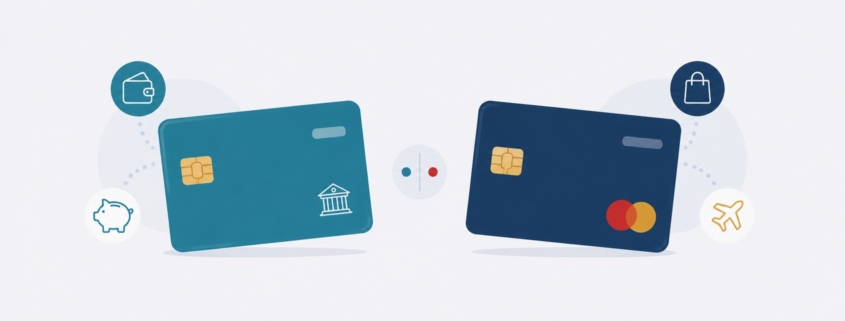 チェックカードとクレジットカード、それぞれの用途を表すアイコン