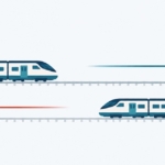 上下線で進行方向が逆になっている韓国の鉄道の線路と二編成の列車
