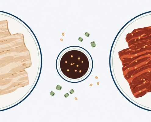 味付けなしの肉と、ヤンニョムに漬け込んだ肉を並べて比べたイラスト