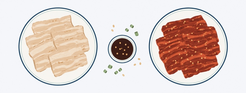 味付けなしの肉と、ヤンニョムに漬け込んだ肉を並べて比べたイラスト
