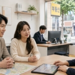 日本人夫婦が韓国の公認仲介士事務所で物件相談をしている様子