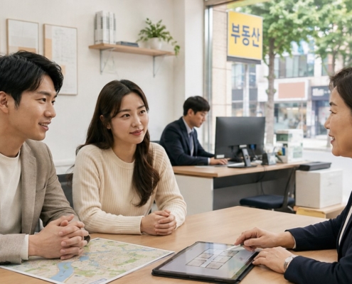 日本人夫婦が韓国の公認仲介士事務所で物件相談をしている様子