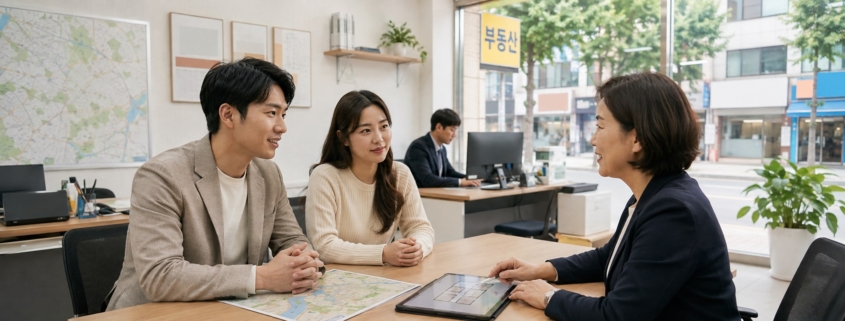 日本人夫婦が韓国の公認仲介士事務所で物件相談をしている様子