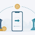 スマートフォンを介して二つの銀行のあいだを送金が行き来する流れと硬貨