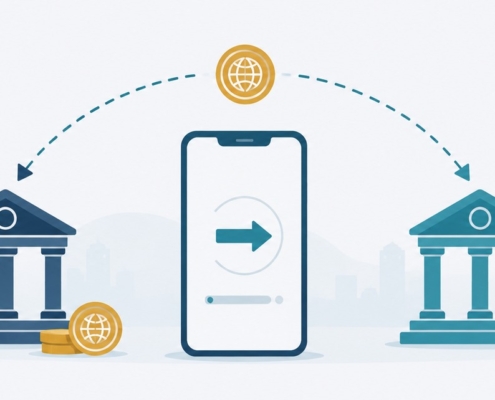 スマートフォンを介して二つの銀行のあいだを送金が行き来する流れと硬貨