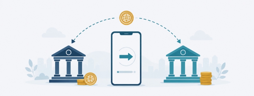 スマートフォンを介して二つの銀行のあいだを送金が行き来する流れと硬貨