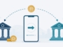 スマートフォンを介して二つの銀行のあいだを送金が行き来する流れと硬貨