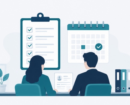 チェックリストと勤務カレンダーを前に打ち合わせる二人の担当者