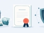 カメラと写真、登録証、そしてネットワークに囲まれた盾の中で光る電球