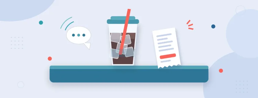 カフェのレジカウンターに置かれたアイスコーヒーのカップとレシート。左に会話を表す吹き出しがある